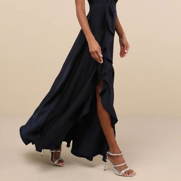 Lulus Stylish Grace Navy Blue Backless Lace-Up Ruffled Maxi Dress Size Small NEW - Picture 7 of 12